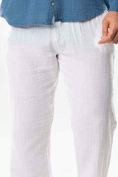 Eliş Şile Bezi Ανδρικό καλοκαιρινό παντελόνι - Λευκό Byz - Μουσελίνα ελαστική μέση με διπλές τσέπες