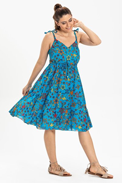 Eliş Şile Bezi Strappy Voile Melisa Short Summer Ethnic Dress Turquoise Trkz