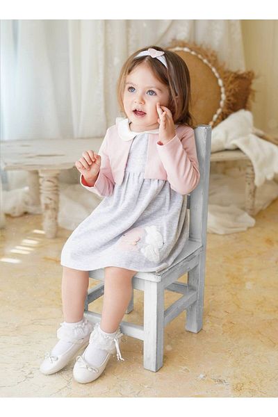 İNDİGO Baby Girl Pink Gray Rabbit Bandanna Dress