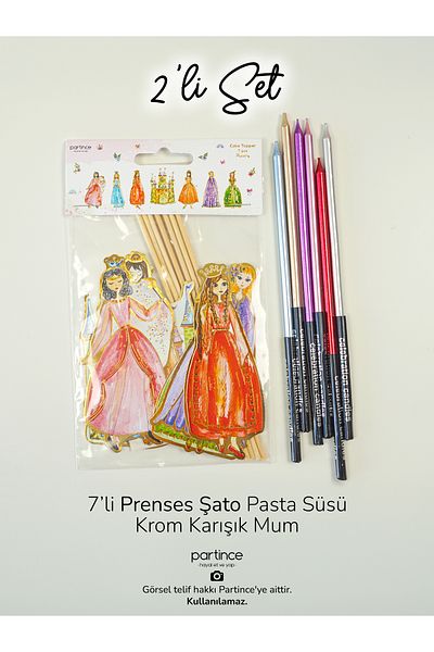 partince Σετ στολίδια για τούρτα με θέμα Princess Castle και σετ 6 κεριών με μακρύ μαύρο σώμα από χρώμιο