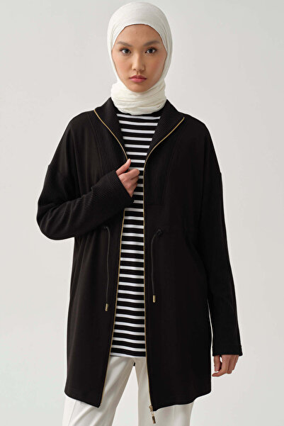 Tuğba Fermuar Kapamalı Garnili Sweat - Siyah