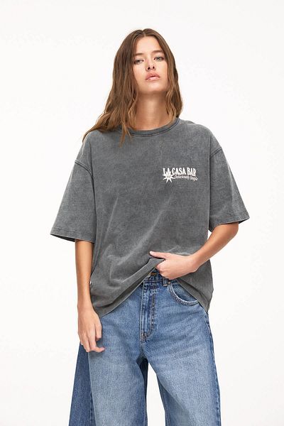 Pull & Bear Grey T-shirt with napkin graphic
