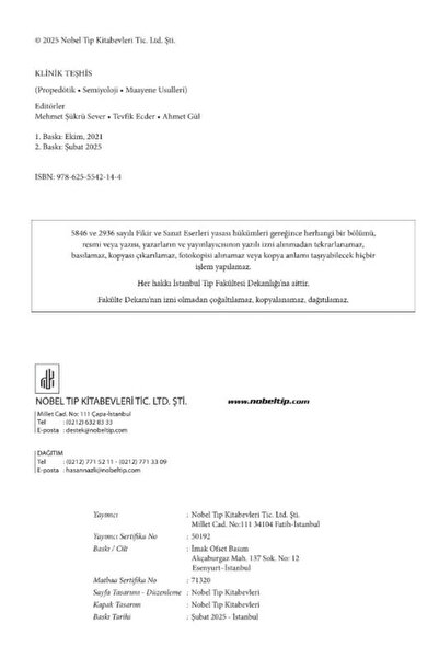 Nobel Tıp Kitabevleri Klinik Teşhis (Propedötik, Semiyoloji, Muayene Usulleri) 2.Baskı