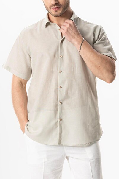 Eliş Şile Bezi Men's Summer Shirt - Poplin Mediterranean Short Sleeve Stone Stone