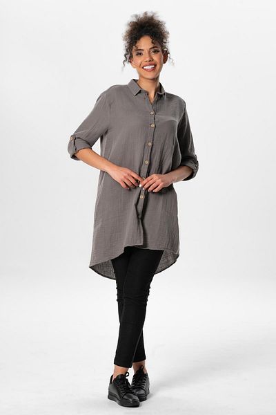 Eliş Şile Bezi Large Size Long Sleeve Sedanur Shirt Collar Summer Muslin Tunic Gray Gray