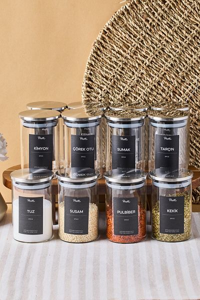 Perotti Aurelia 12 Li Metal Lid Borosilicate Glass Spice Rack 275 ml 10X6,5 cm 30 Tags Gift
