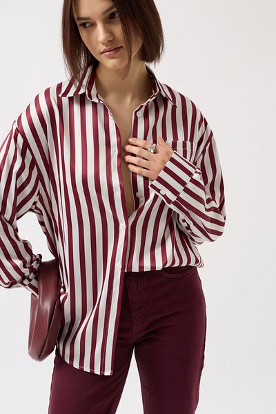 Black Fashion Striped Satin Claret Red Shirt