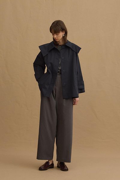 Fahhar Navy Blue Mobile Collar Trench Coat