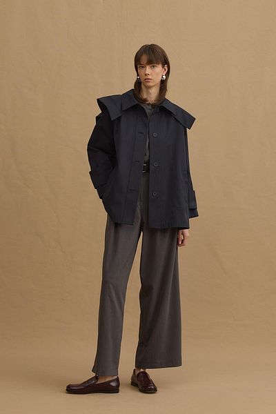Fahhar Navy Blue Mobile Collar Trench Coat