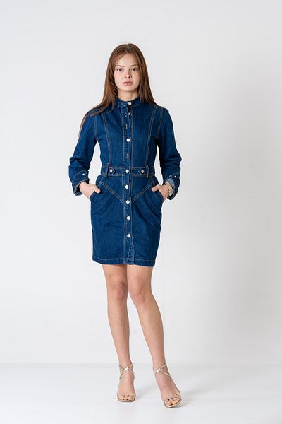 VerdeBlanco Buttoned Epaulet Detailed Denim Dress Dark Navy Blue