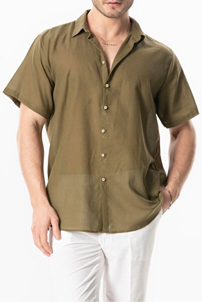 Eliş Şile Bezi Men's Summer Shirt - Short Sleeve Poplin Mediterranean Style Khaki Hk