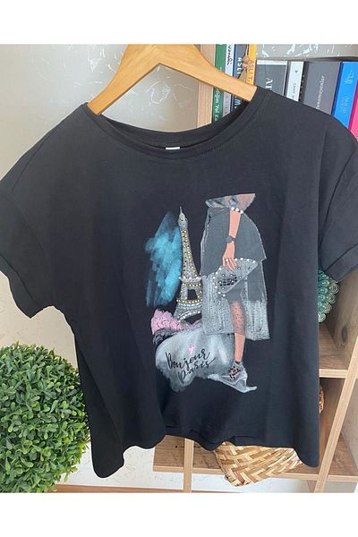sharin Tricou de damă din bumbac brodat cu piatră neagră 4c-5031