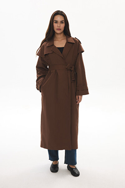 Hooopstore Aller Detaylı Kahve Gabardin Trençkot
