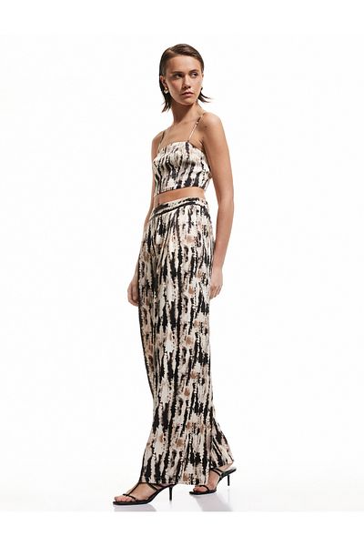 Koton Comfortable Fit Tie Dye Patterned High Waist Palazzo Satin Trousers with Pockets