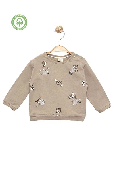 Divonette Baby Girl 100% Cotton Beige Sweatshirt - Bird Pattern, Soft Texture