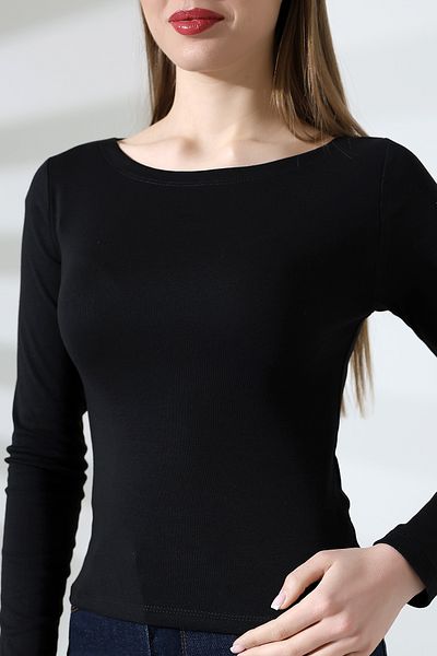 Endies Tricou de bază pentru femei, cu mânecă lungă, 21897 NEGRU Saran Body, decolteu barcă
