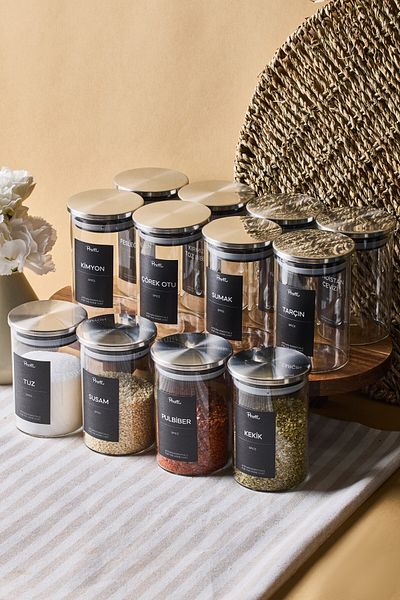 Perotti Aurelia 12 Li Metal Lid Borosilicate Glass Spice Rack 275 ml 10X6,5 cm 30 Tags Gift