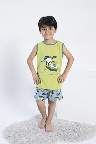 CONFEO Costum de pijama verde pentru băiat cu bretele groase C5T5N0O-047