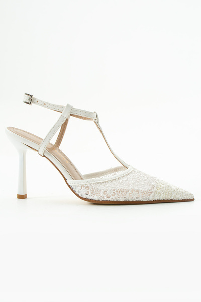 Gökçe Shoes KARİN BEYAZ DANTEL DEYAT BİLEKTEN BAĞLI KADIN TOPUKLU AYAKKABI