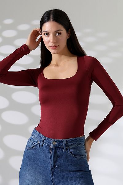Endies Square Neck Long Sleeve Women's Tank Top with Six Panties and Snap Fastener - T-Shirt 21940 Bordo
