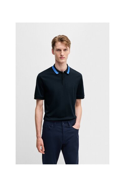 BOSS Yakası şeritli merserize pamuklu dar kesim polo yaka tişört