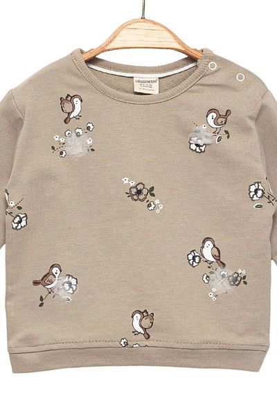 Divonette Baby Girl 100% Cotton Beige Sweatshirt - Bird Pattern, Soft Texture