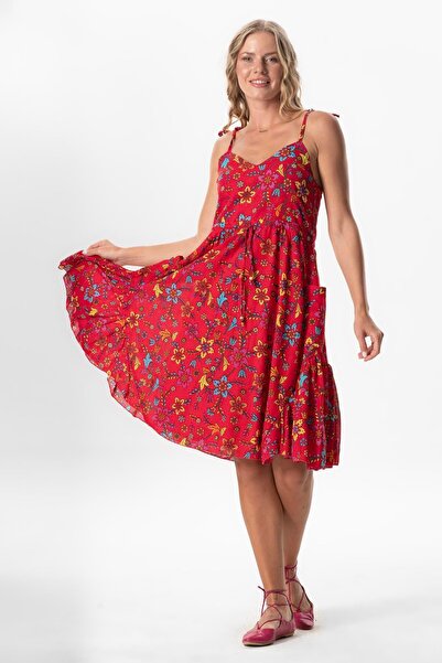 Eliş Şile Bezi Κοντό καλοκαιρινό έθνικ φόρεμα με τιράντες από βουάλ Melisa, σ...