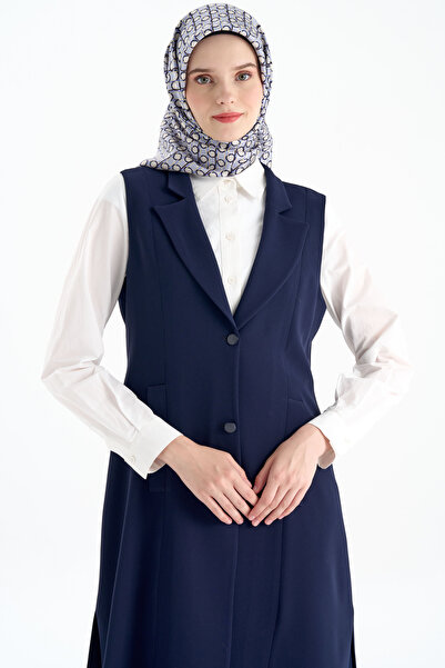 Tuğba Blazer Yaka Yırtmaçlı Yelek - Lacivert