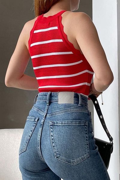 Secret Passion Lingerie Women's Striped Stretchy Knitwear Fabric Ruffled Sleeveless Design Basic Blouse 0298