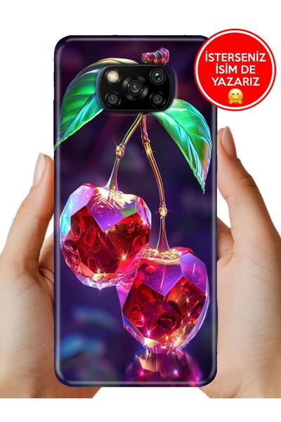 POCO X3 NFC - X3 Pro Kılıf Lens Korumalı Full Desen Arka Silikon Kristal Kiraz