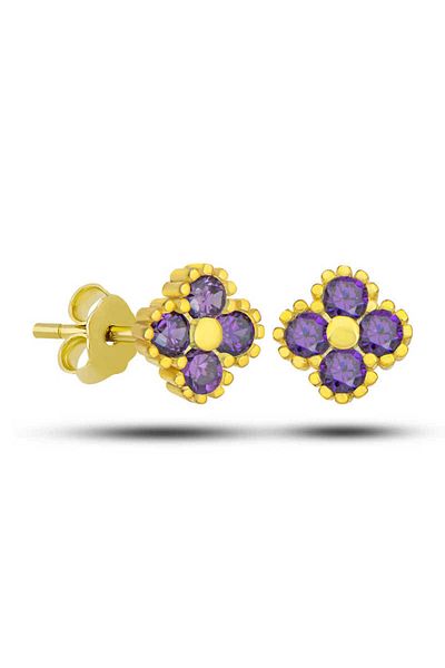 Skygo Purple Stone Clover Studded Silver Gold Children's Earrings