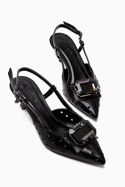 Limoya Dámské boty na podpatku Ela Black Pointed Toe Laser Cut Stone