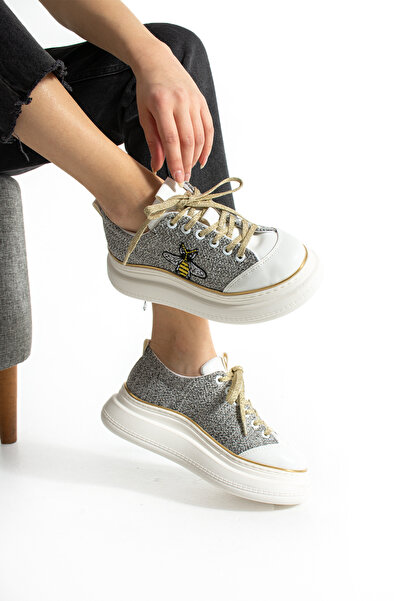 Gökçe Shoes PUJA GRİ NAKIŞ DETAY KALIN TABAN KADIN SPOR AYAKKABI