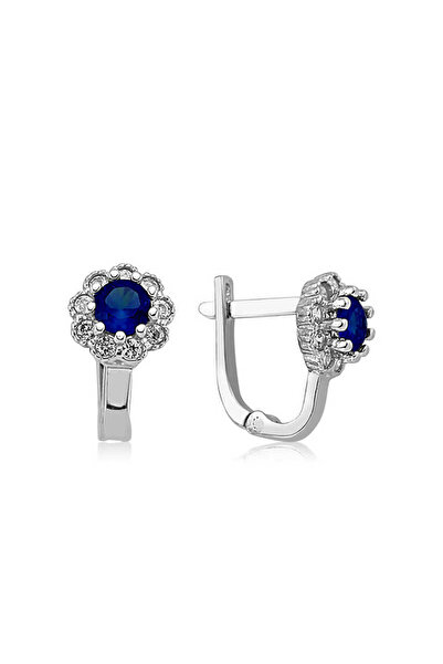 Skygo Gümüş Mavi Çiçek Desenli Yuvarlak J Kadın Küpe