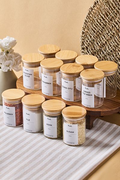 Perotti Eraldo 12 Li Bamboo Lid Borosilicate Glass Spice Rack 200 ml 8X6 cm 30 Tags Gift
