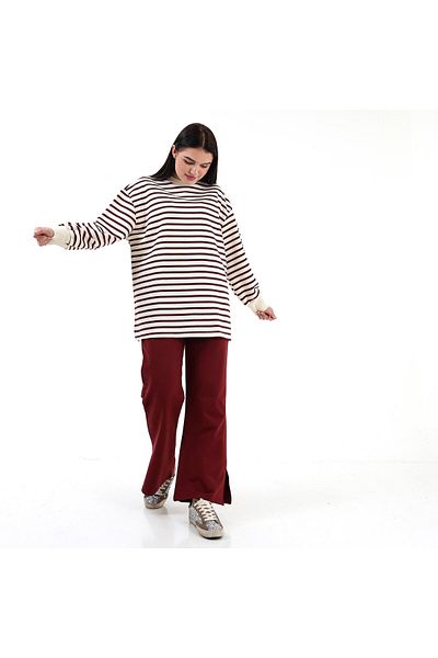 Aselim Hijap Moda Ριγέ Sweat Balloon Sleeve Διπλό Αθλητικό Σετ Claret Red
