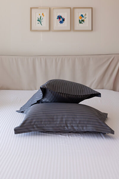 Tekstil Home Anthracite 2 Pieces - Oxford Pillow Case, Striped Satin 83 Strin...
