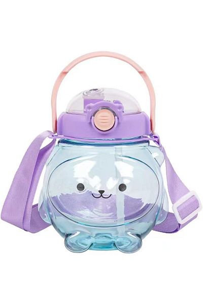 COOYA 1L Drinking Bottle, Cartoon Bear Shape, with Straw, Portable for Outdoor, Purple
