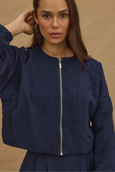 Fahhar Navy Blue Striped Bomber Skirt Suit