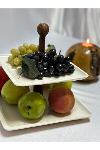 Aless 2 Tier Design Wooden Handle Porcelain Presentation Bowl Fruit Bowl Snack Bowl