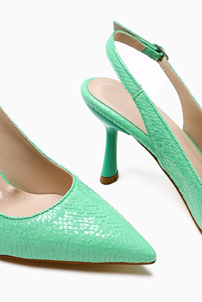 Limoya Moira Green Textured Leather Pointed Toe Women's Heeled Shoes