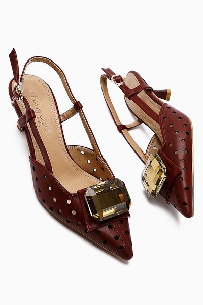 Limoya Ela Burgundy Pointed Toe Laser Cut Stone Women's Heeled Shoes