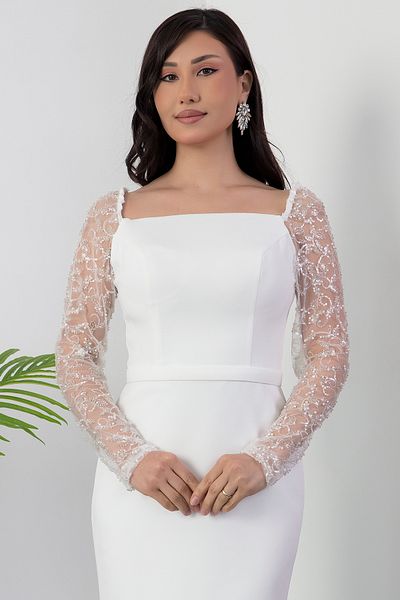 PULLIMM Tulle cu mărgele Atlas decolteu cu mâneci ROCHIE BAL127