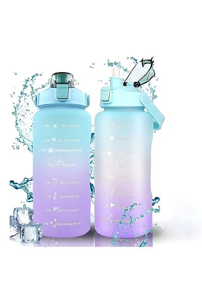 COOYA 2L Water Bottle, Leakproof Large Capacity with Straw, Label, and Fixing Strap (Blue/Purple)