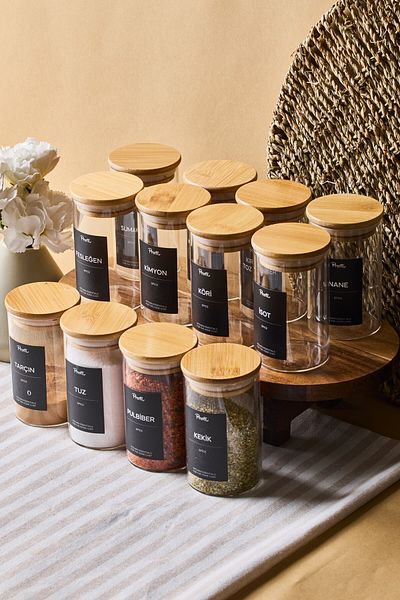 Perotti Eraldo 12 Li Bamboo Lid Borosilicate Glass Spice Rack 250 ml 10X6 cm 30 Tags Gift
