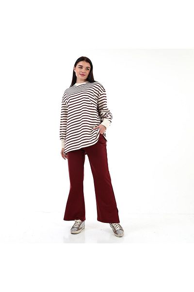 Aselim Hijap Moda Ριγέ Sweat Balloon Sleeve Διπλό Αθλητικό Σετ Claret Red