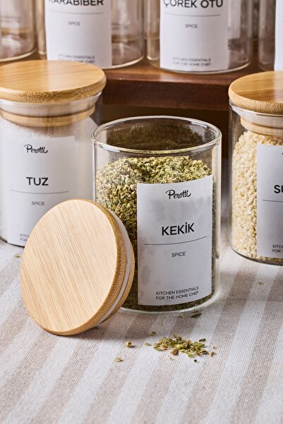 Perotti Eraldo 12-Piece Bamboo Lid Borosilicate Glass Spice Jar 200 ml 8X6 cm with 30 Labels Gift