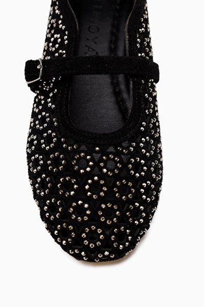 Limoya Nicki Black Suede Oval Toe Perforated Stone Detailed Single Strap Casual Women's Shoes