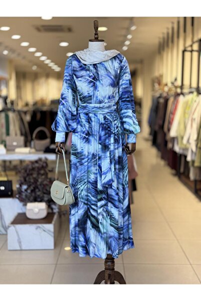 Zühre ÇİÇEK DESENLİ ELBİSE MAVİ 0455