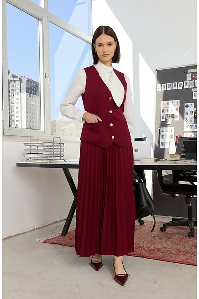 Fatma Atasoy Fusta plisată dublă Burgundy